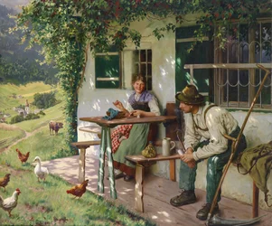 Young Couple in Front of a Farmhouse in Upper Bavaria, Signed E. Rau, Munich